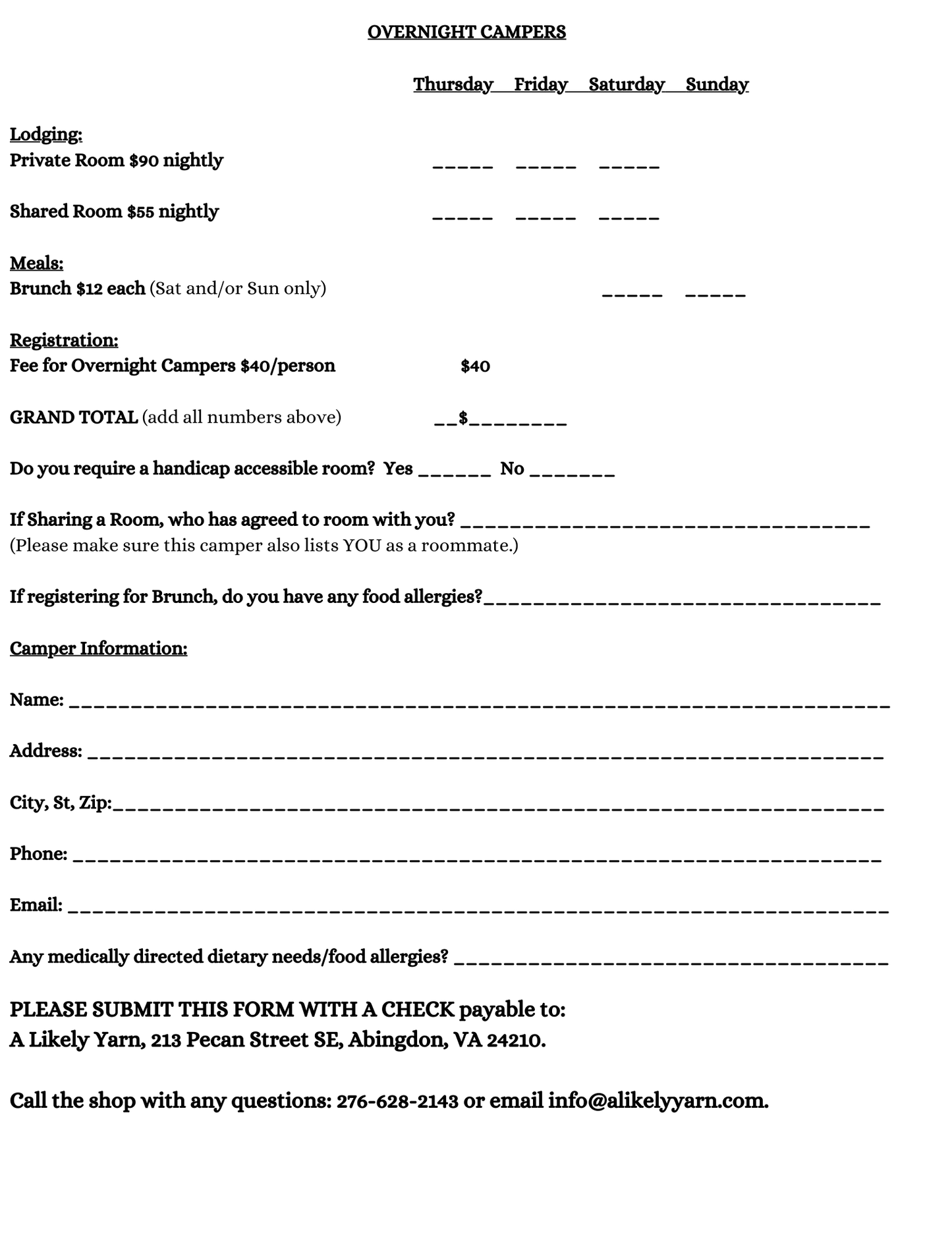 Spring 2025 Yarn Camp Registration - Overnight Camper - Individual Room