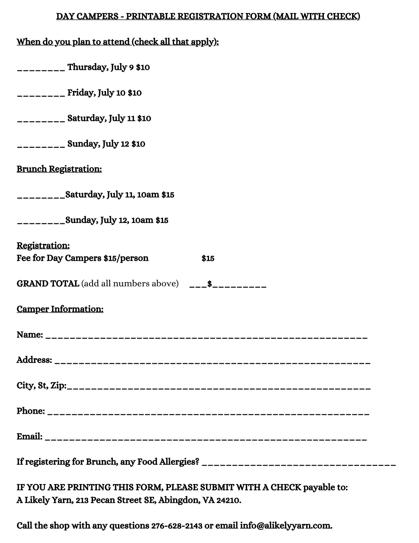Summer 2026 Yarn Camp Registration - Day Camper