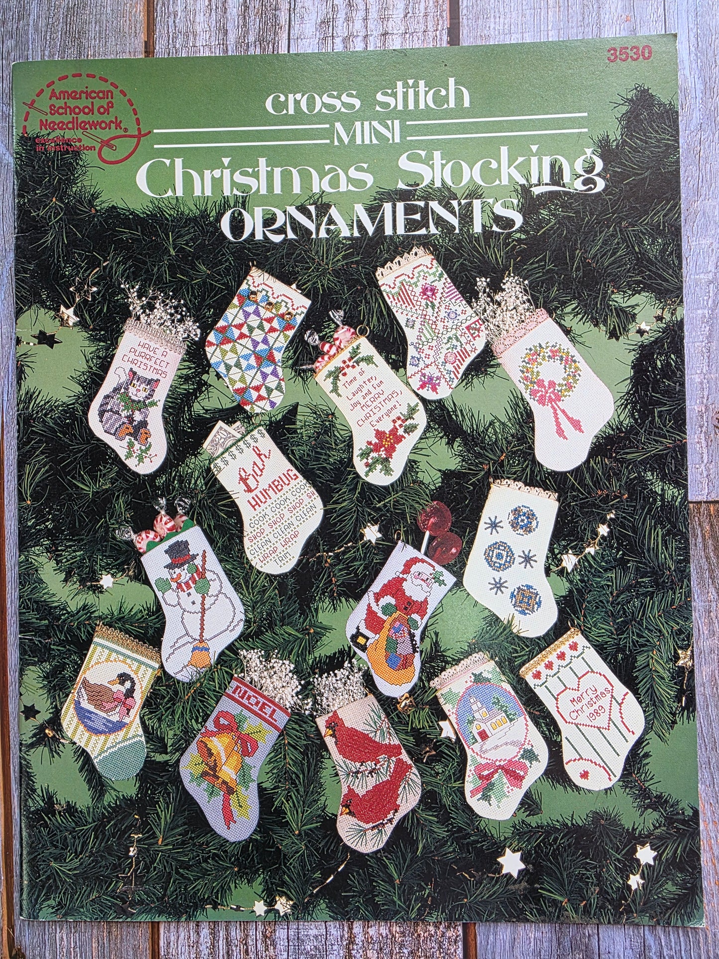 American School of Needlework: Cross Stitch Mini Christmas Stocking Ornament Pattern Leaflet 3530