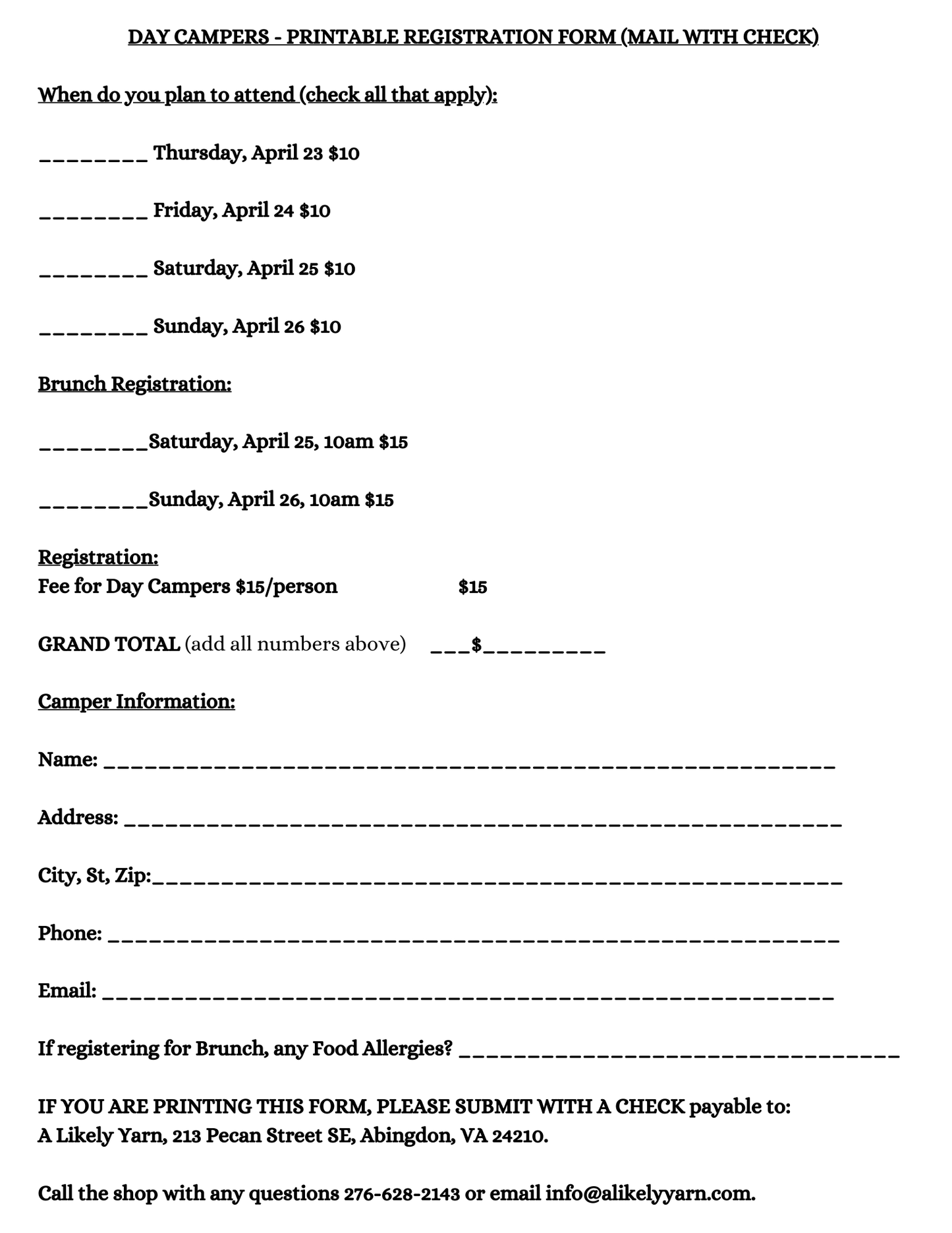 Spring 2026 Yarn Camp Registration - Day Camper