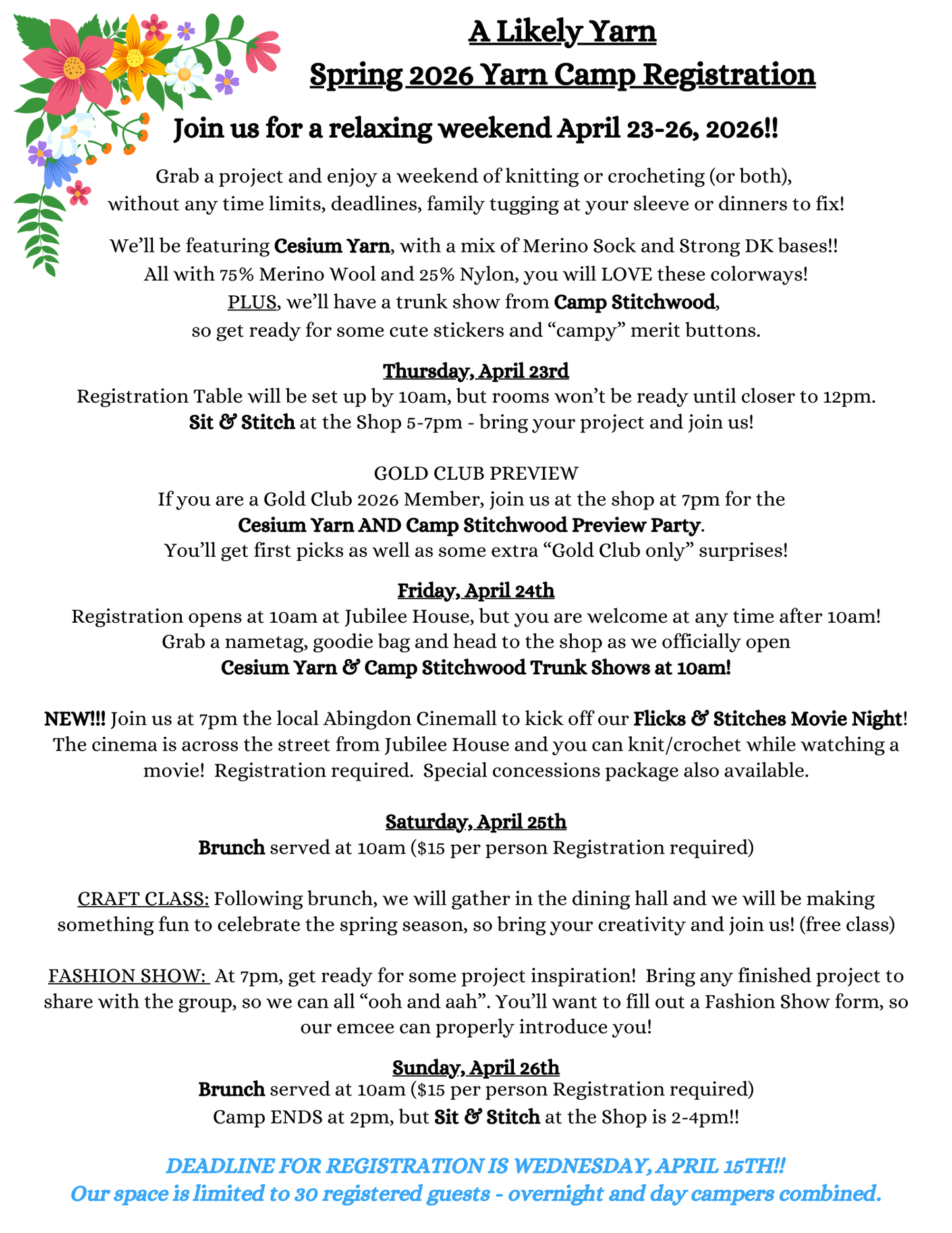 Spring 2026 Yarn Camp Registration - Day Camper